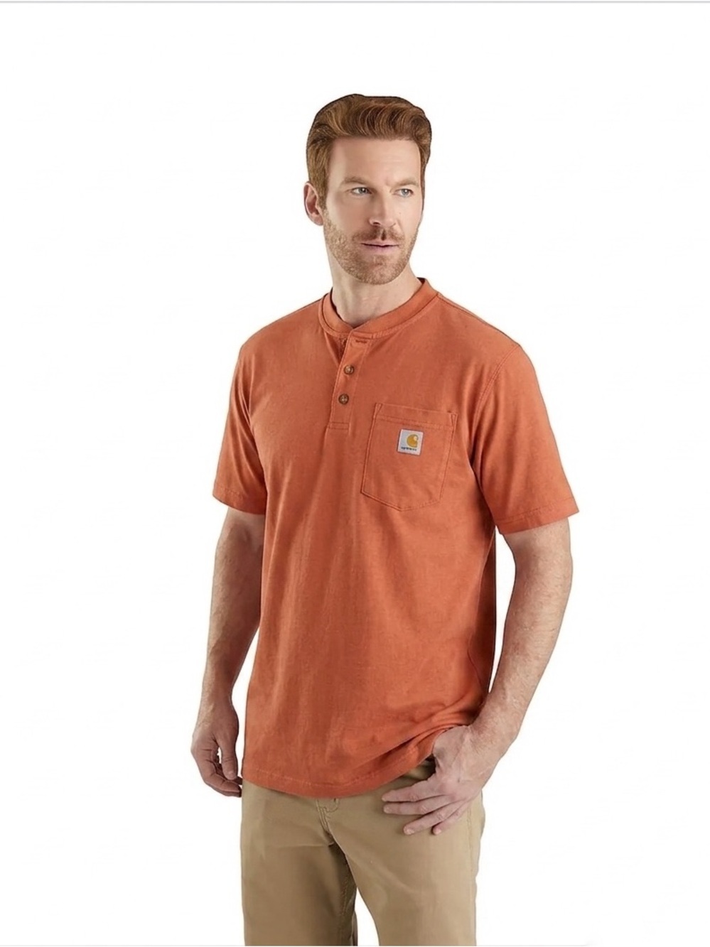 CARHARTT Men's Loose Fit Cotton Short-Sleeve Henley T-Shirt - Orange, Medium